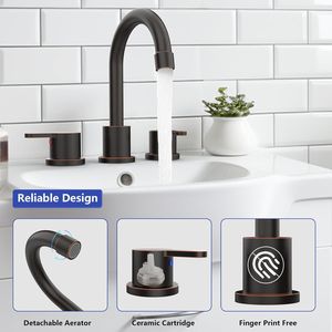 Rubinetto per lavabo bagno in bronzo lucidato a olio con 2 maniglie, 8 pollici, 3 fori, beccuccio girevole a 360 gradi, scarico a scomparsa e tecnologia a sensore - Product Image 3
