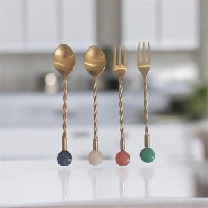 Gold Plated Twisted Handle Cutlery Set With Marble <b>Ball</b> Ends Modern Design Spoon Fork Set - Product Image 1