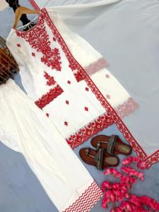 White Cotton Salwar Kameez With <b>Red</b> Embroidery Loose Fit Ankle Length Traditional Indian Pakistani Women's Casual Wear - Product Image 4