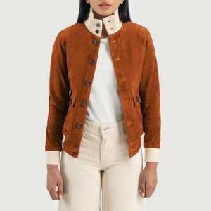 Chaqueta Bomber de Gamuza Marrón para Mujer, Manga Larga, Cuello Alto, Cierre de Cremallera, Estilo Otoñal, Servicio de Muestra Disponible - Product Image 3