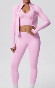Conjunto de yoga de 3 piezas sin costuras con top corto, leggings y chaqueta de color sólido, de cintura alta y largo completo, ropa deportiva para entrenamiento físico. - Product Image 5