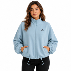 Drawcord Hem Women Sweatshirts Full Zip Oversized Cotton Fleece Bomber Jacket Casual Hoodies Autumn Winter Manufacturer - Product Image 2