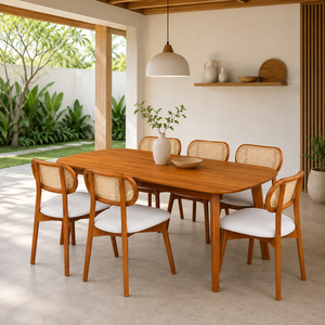 Ensemble de table à manger ovale en teck massif Niwara avec chaises rembourrées à dossier en rotin tressé, 6 pièces, style moderne du milieu du siècle, de qualité supérieure, pour cuisine et hôtel - Product Image 4