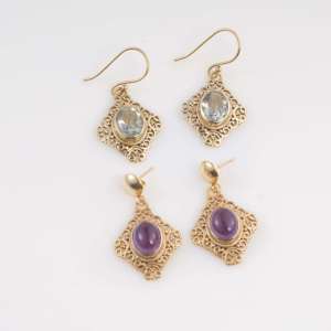 Pendientes colgantes de filigrana con topacio azul, chapados en oro, estilo vintage, con piedras facetadas, joyería boho, regalo para mujer - Product Image 3