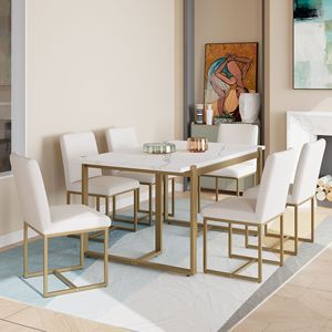 Modern 7-Piece Faux Marble Dining Table Set for 6 Includes 6 Upholstered Dining Chairs for Kitchen Use - Product Image 1
