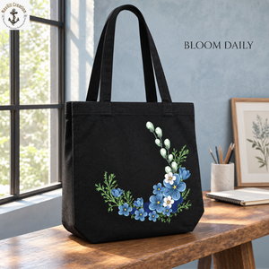 Bolsa de Lona Negra con Estampado Floral Azul y Asas Largas |   Bolsa de compras botánica para uso diario y viajes diarios - Product Image 2