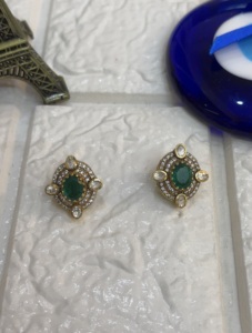 Vintage Gold Plated <b>Stud</b> <b>Earrings</b> With Green <b>Crystal</b> And Rhinestone Bezel Setting Geometric Design Women's Everyday Wear jewelry - Product Image 5