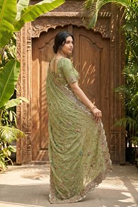 <b>Green</b> Embroidered <b>Silk</b> Saree Set with Choli Traditional Indian Dress Floral Beaded Silky Dupatta Wedding Diwali Party Wear - Product Image 2