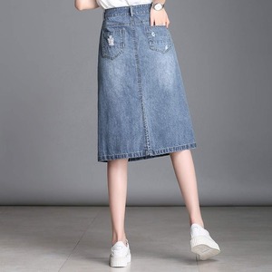 Women's Straight Denim <b>Knee</b>-Length Skirts <b>High</b> Waist Embroidery Vintage Floral Print Ripped Y2K Street Fashion Autumn - Product Image 4