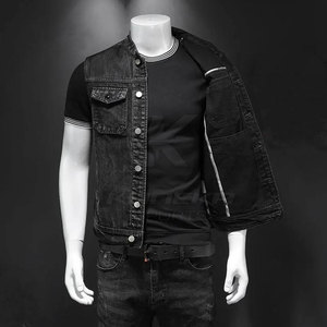 Gilet en jean respirant 100 % coton pour homme, coupe droite, style décontracté, avec coutures soignées, idéal pour l'hiver - Product Image 5
