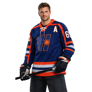 Maillot de hockey sur glace personnalisé pour hommes, bleu et orange, sublimation, uniforme d'équipe, nom et numéro personnalisés, style professionnel, maillot de hockey en twill. - Product Image 1