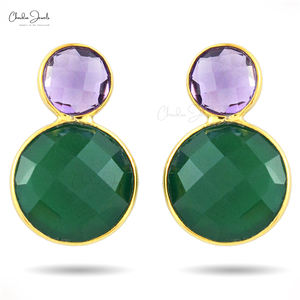 Pendientes Redondos de Plata de Ley 925 con Ónix Verde y Amatista Morada, Chapados en Oro, con Dos Piedras Preciosas, para Mujer, Más Vendidos - Product Image 1
