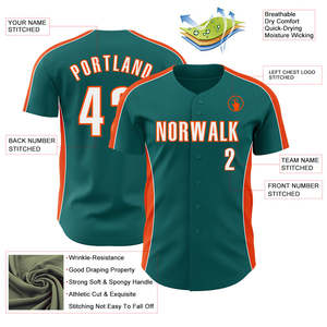 Camiseta de Béisbol Personalizada en Color Teal y Naranja con Nombre del Equipo y Número, Impresión Sublimada, Manga Corta, Cierre de Botones, Ropa para Hombre Adulto - Product Image 3