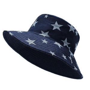 Unisex Polka Dot Denim Bucket <b>Hat</b> Spring Summer Casual Wear Blue <b>Navy</b> Cotton Yarn - Product Image 6