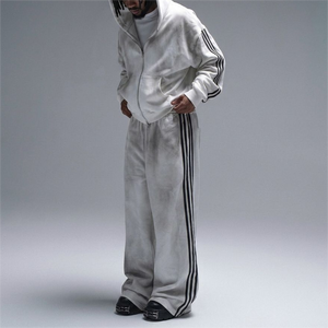 Conjunto de Sudadera con Capucha y Pantalones Deportivos de Punto para Hombre, Personalizado, de Alta Calidad, 100% Algodón Lavado, con Franja Lateral Estampada, Transpirable, Estilo Urbano - Product Image 2
