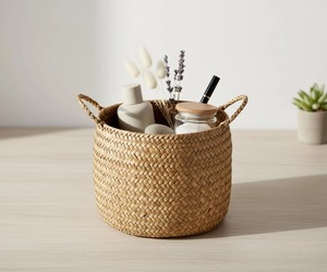 Round seagrass <b>basket</b> with 2 handles Handmade <b>Storage</b> <b>Basket</b> Wholesale eco-friendly Made in Vietnam - Product Image 5