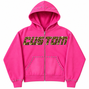 Sweat à capuche rose surdimensionné personnalisé avec fermeture éclair et strass, 100% coton, tissu doux, style vintage, pour unisexe - Product Image 1