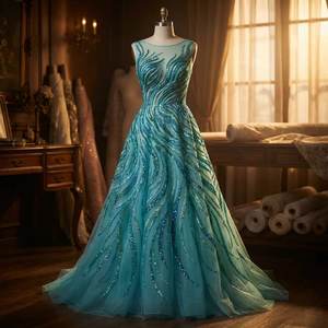 Vestido de Noche Azul Turquesa de Alta Calidad, Hecho a Mano con Cuentas, Vestido de Gala de Tul con Lentejuelas y Patrón de Ondas, Personalizado - Product Image 4