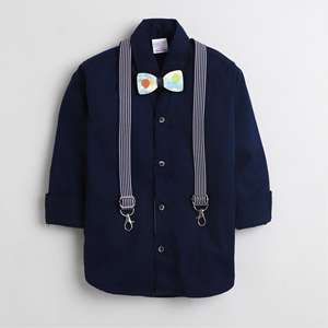 Polka Tots Party wear Camisa con tirantes y pajarita de madera-Azul marino - Product Image 1