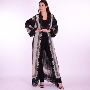 Luxury Woolen Printed Abaya Kaftan | Designer Lace-Trimmed Winter Ethnic <b>Cape</b> | Bohemian Pashmina Style Longline Kimono - Product Image 1