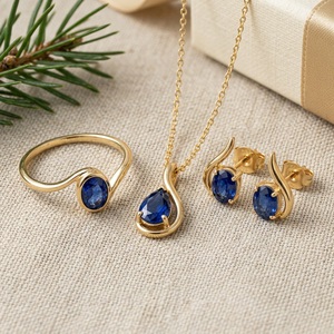 ชุดเครื่องประดับทองคำแท้ 14K ประดับไพลินสีน้ำเงินธรรมชาติ ประกอบด้วยแหวน สร้อยคอ ต่างหู เครื่องประดับชั้นดีสำหรับผู้หญิง รับสั่งทำตามแบบ OEM - Product Image 5