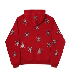Sudadera con capucha roja para hombre, con cremallera, de forro polar, diseño de pedrería, corte regular, estilo urbano, tejida, transpirable, informal, para invierno - Product Image 2
