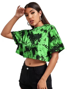 เสื้อครอปผู้หญิง แขนสั้น ทรงหลวม คอกลม ผ้าถัก ลายไทได สไตล์ฤดูใบไม้ผลิและฤดูร้อน สีเขียวดำ - Product Image 3