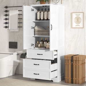 Mobiletto Alto da Bagno in MDF Bianco con Due Ante e Cassetti, Ripiano Regolabile - Product Image 4