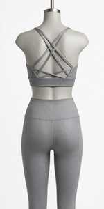Ensemble 2 pièces côtelé respirant en spandex pour femme : soutien-gorge de sport à bretelles croisées et leggings taille haute sans couture – Tenue de sport active - Product Image 2