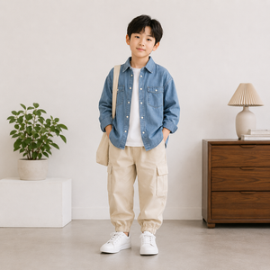 Pantalons décontractés pour garçons avec logo personnalisé, coton et élasthanne, tissés, confortables, longs, pour enfants - Product Image 1