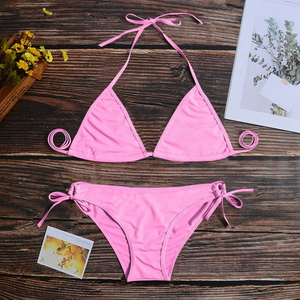 Conjunto de Bikini de Dos Piezas Rosa, Top Triangular con Cuello Halter, Braguita con Lazos Laterales, Traje de Baño para Mujer, Color Sólido, Elástico, Spandex, Nailon - Product Image 4