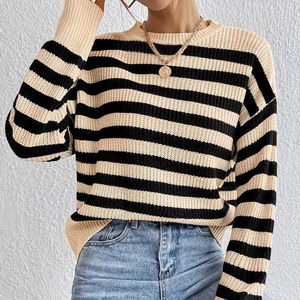 Sudadera Suéter de Mujer de Manga Larga con Hombros Caídos, 100% Poliéster, Cuello Redondo, Rayas Cómodas, Estilo Coreano, para Invierno - Product Image 4