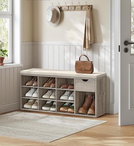 Banco de almacenamiento de zapatos de madera con asiento acolchado y cajón, organizador de zapatos para entrada con estantes abiertos para pasillo y dormitorio - Product Image 3