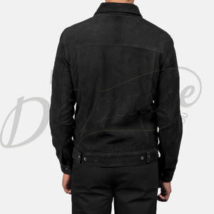 Chaqueta de camionero de cuero de gamuza negra para hombre, estilo clásico con botones, corte ajustado, estilo vaquero, gamuza auténtica, ropa exterior informal a la moda. - Product Image 5