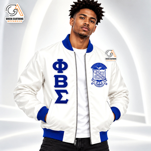 Chaqueta Universitaria Phi Beta Sigma para Hombre, Azul y Negro, con Letras Griegas Bordadas, Estilo Preppy, Cierre de un Solo Botón, Ecológica - Product Image 1