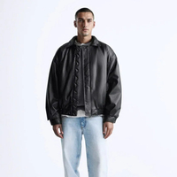 Blouson Bomber en Cuir Noir pour Homme, Col Rabattu, Fermeture Éclair, Coupe Décontractée Hiver, Couleur Unie, Logo Avant