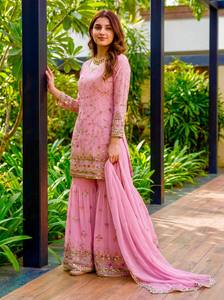 Elegante conjunto de kurti y sharara de georgette sintético con bordado zari y lentejuelas, traje étnico festivo para mujer. - Product Image 2