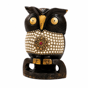 Figura de Búho de Madera Tradicional Hecha a Mano con Incrustaciones de Piedras Preciosas, Escultura Decorativa para Mesa - Product Image 3