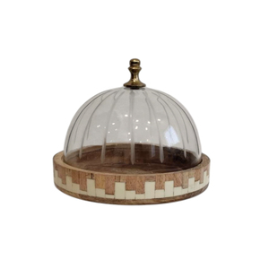 Round <b>Wooden</b> <b>Cake</b> Stand with Glass Dome | Wood Cheese Cloche Board Display Platter with Brass Feet Server Dish - Product Image 3