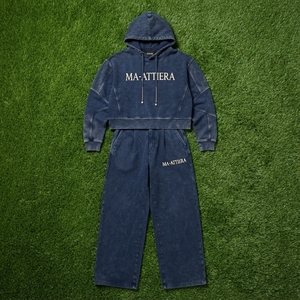 Custom <b>Women</b> Acid Wash <b>Navy</b> Blue Cropped Hoodie Wide Leg Jogger Set Cotton Fleece Streetwear Tracksuit OEM Wholesale - Product Image 6