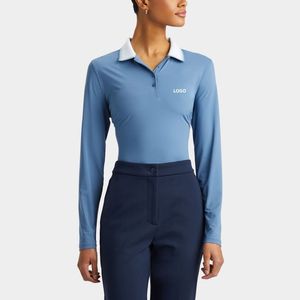 Polo de Manga Larga para Mujer, Azul, Tejido de Punto, Secado Rápido, Color Sólido, Logotipo Frontal, Venta al Por Mayor, Personalizado, OEM - Product Image 4