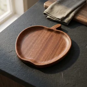 Plateau de service en bois en forme de pomme avec poignée, fait main, en forme de fruit, pour servir des collations, des desserts, des dîners - Product Image 2