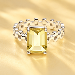 Lemon Quartz 925 Sterling Silver <b>Ring</b> – <b>Emerald</b> Cut Gemstone with Checkerboard Link <b>Band</b> - Product Image 1