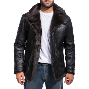 Abrigo de invierno de cuero negro para hombre con cuello de piel, cierre de botones, corte ajustado, chaqueta de cuero genuino premium, chaqueta impermeable. - Product Image 2
