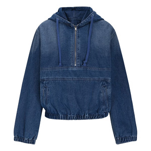 Sudadera con Capucha de Mezclilla Ecológica de Alta Calidad para Mujer, con Cierre de Cremallera de un Cuarto, Manga Larga, Color Azul, con Puños Elásticos - Product Image 1
