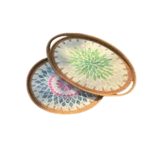 Plateau de service rond artisanal en nacre avec incrustations florales blanches, plateau de table basse décoratif, décoration intérieure, prix raisonnable - Product Image 2