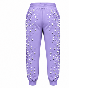 Lavender Pearl Beaded Jogger Pants Women Luxury Embellished Drawstring Sweatpants Casual Streetwear <b>Fleece</b> <b>Trousers</b> With Pockets - Product Image 2