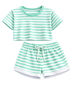Ensemble crop top et short rayé vert menthe et blanc pour femme, tenue décontractée d'été deux pièces, taille élastique, vêtements de détente, streetwear, OEM - Product Image 1