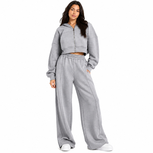 Womens Cropped Zip Hoodie & Wide Leg Sweatpants <b>Set</b> Casual 2 Piece <b>Loungewear</b> Tracksuit Relaxed Fit Jogger <b>Set</b> OEM Custom - Product Image 1