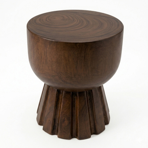 Suar Wood Luxury Contemporary Wholesale Sania Hand-Carved Fluted Stool Side <b>Table</b> <b>Walnut</b> Finish Accent Furniture for Living Room - Product Image 1